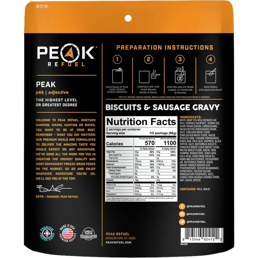 Peak Refuel Breakfast Meals | Freeze Dried Backpacking, Camping & Emergency Prep Food | 2 Servings Pouches (6-Pack, Skillet)