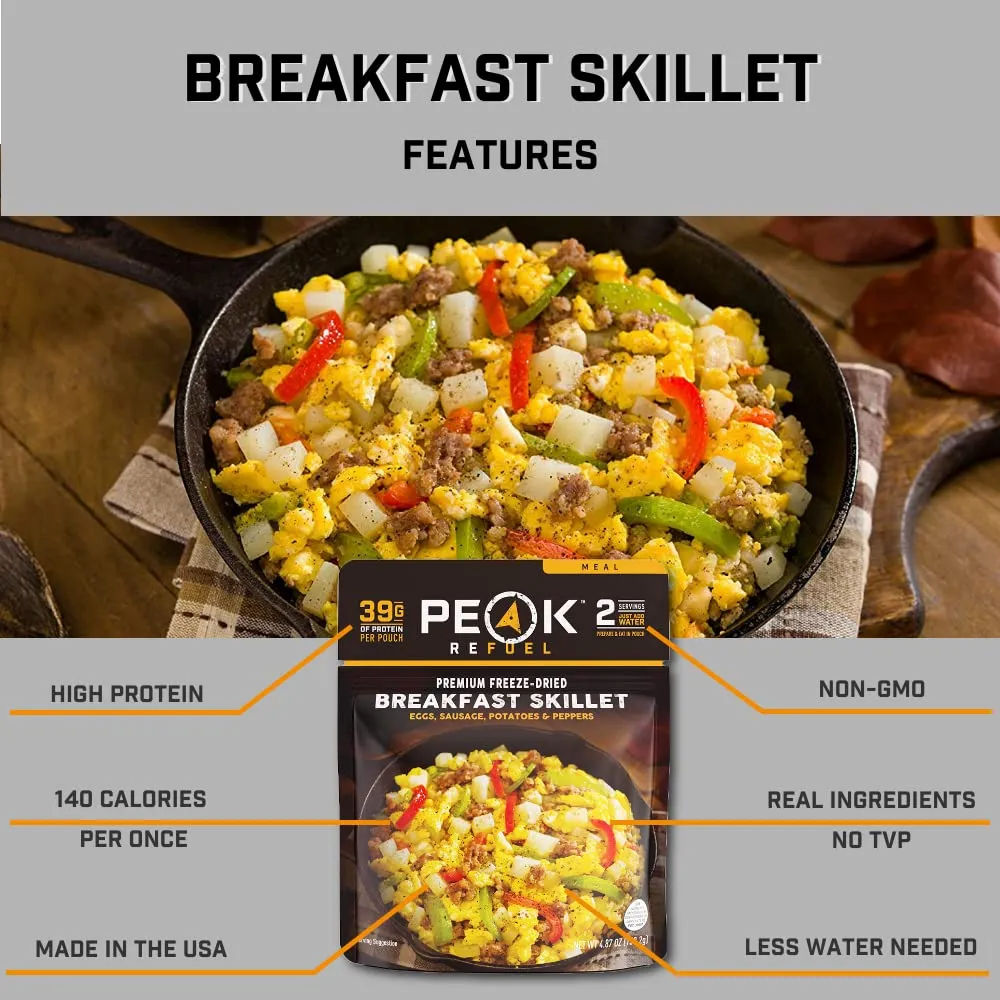 Peak Refuel Breakfast Meals | Freeze Dried Backpacking, Camping & Emergency Prep Food | 2 Servings Pouches (6-Pack, Skillet)
