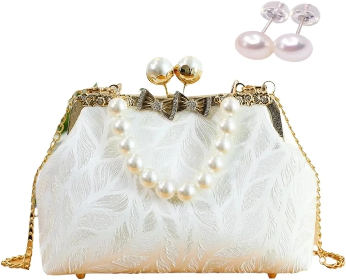 Pearl Evening Chain Shoulder Bag for Women Leaf Feathers Pattern Wedding Guest Chinese Pearl Purses Cross Body Purse