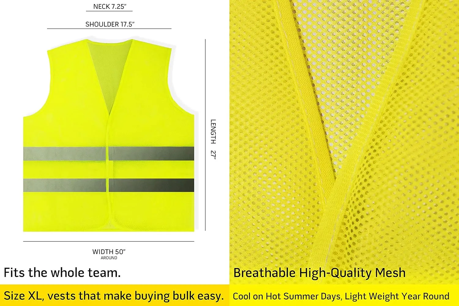 PeerBasics, 20 Pack, Yellow Reflective High Visibility Safety Vest, Hi Vis Silver Strip, Men Women, Work, Cycling, Runner, Construction (Mesh, 20)…