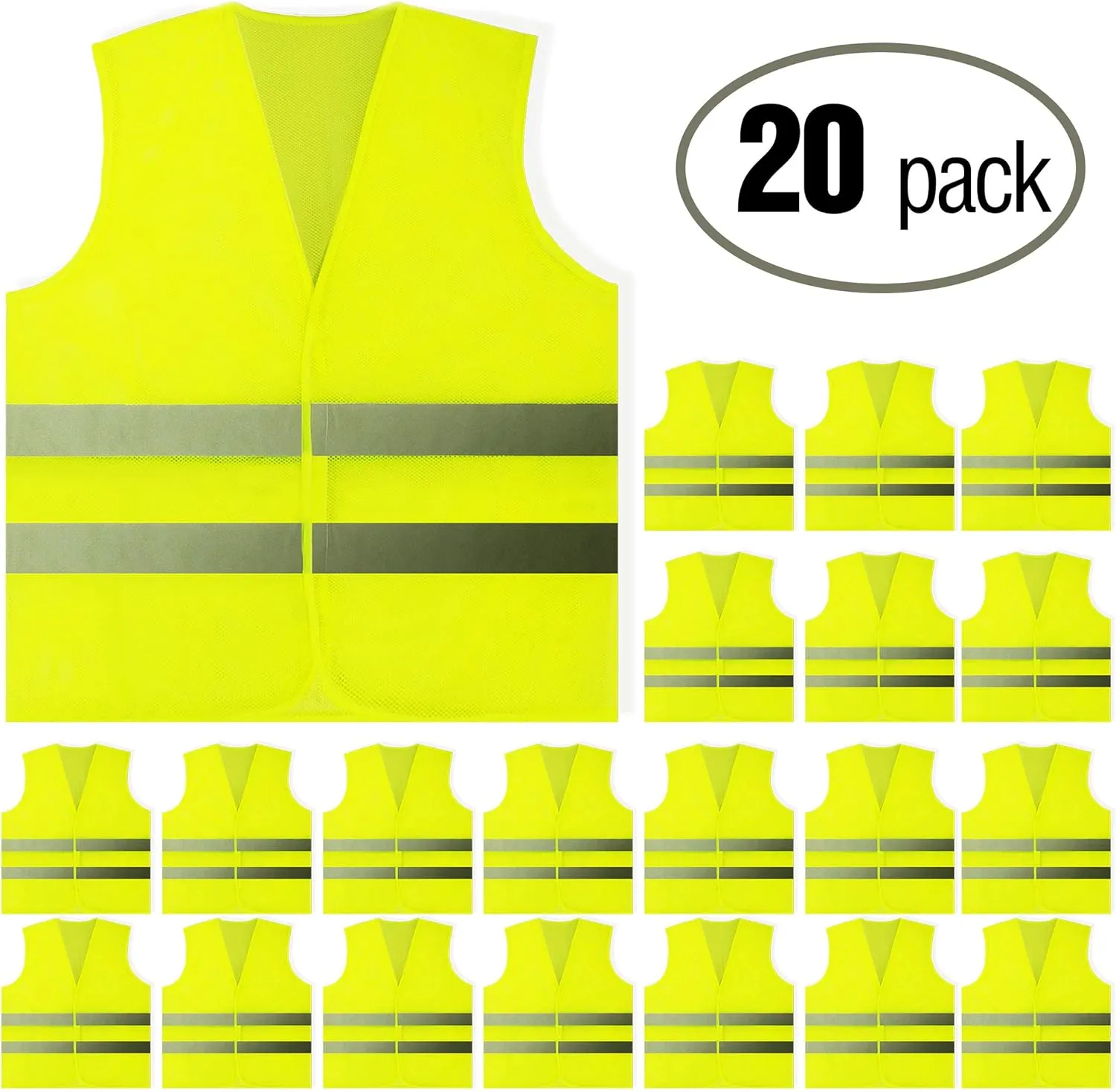 PeerBasics, 20 Pack, Yellow Reflective High Visibility Safety Vest, Hi Vis Silver Strip, Men Women, Work, Cycling, Runner, Construction (Mesh, 20)…
