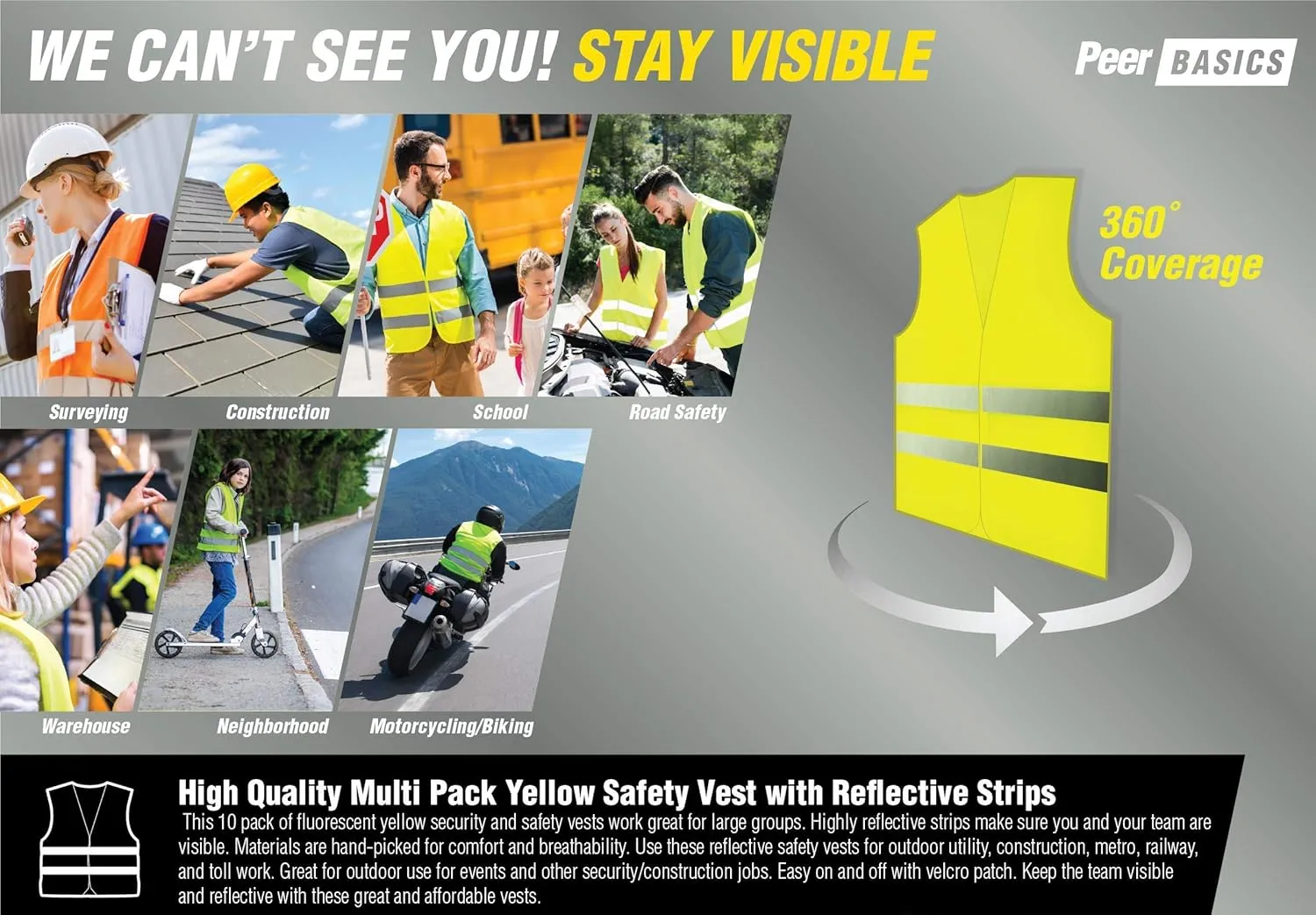 PeerBasics, 20 Pack, Yellow Reflective High Visibility Safety Vest, Hi Vis Silver Strip, Men Women, Work, Cycling, Runner, Construction (Mesh, 20)…