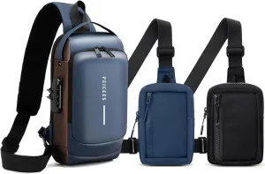 Peicees Pack of 3 Mens Crossbody Bag Man Bags Mens Purse Anti-theft Sling Bag Shoulder Bag Chest Bag, Leather Blue Gold and Mini Dark Blue and Mini Black