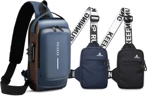 Peicees Pack of 3 Mens Crossbody Bag Man Bags Mens Purse Anti-theft Sling Bag Shoulder Bag Chest Bag, Leather Blue Gold and Mini Dark Blue and Mini Black