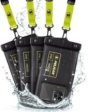 Pelican 4 Pack Marine - IP68 Waterproof Phone Pouch (Regular Size) Floating Waterproof Phone Case - Beach Cruise Ship Travel Essentials - Works w/ All Phones - Detachable Lanyard - Black/Hi-Vis Yellow