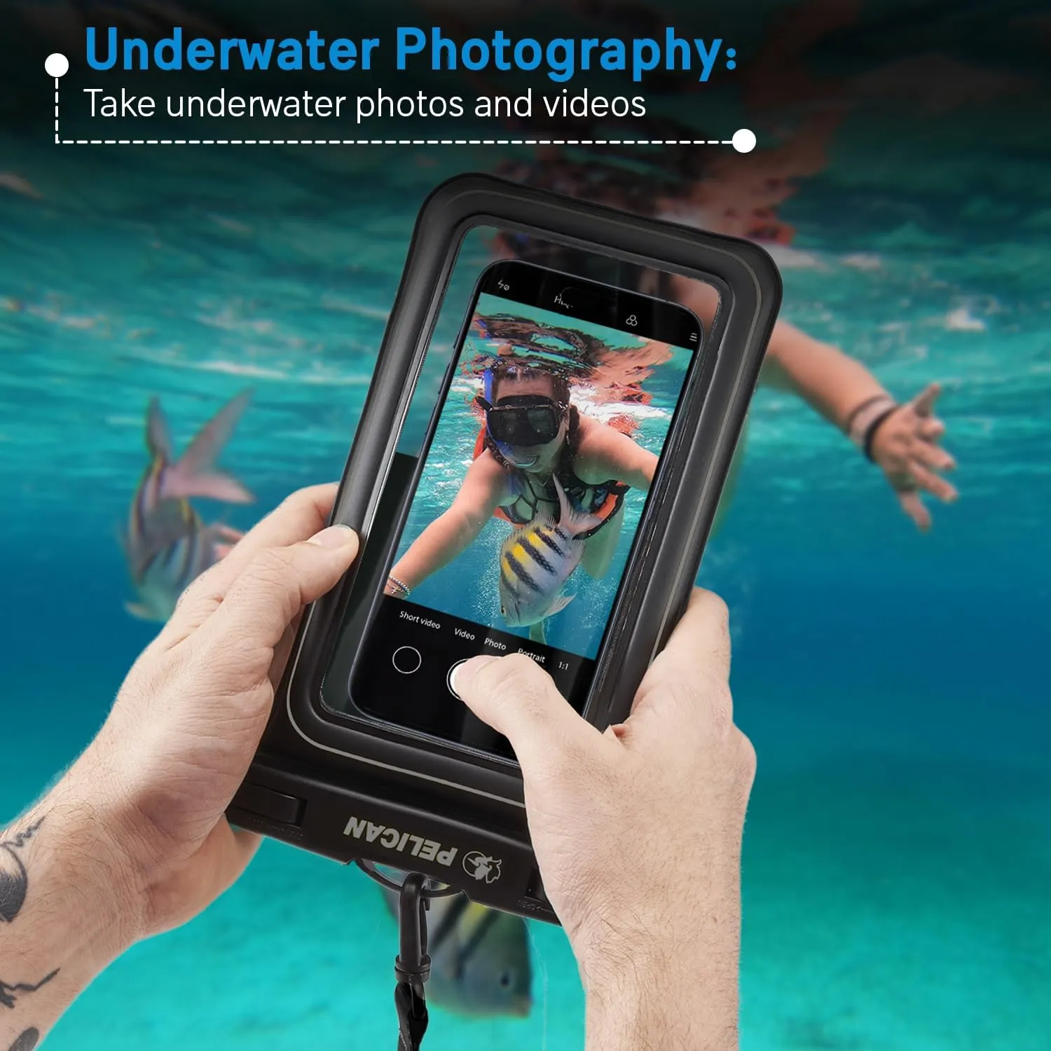 Pelican Marine - IP68 Waterproof Phone Pouch (XL Size) Floating Waterproof Phone Case - Beach Cruise Ship Travel Essentials - Works with All Phones - Detachable Lanyard - Black