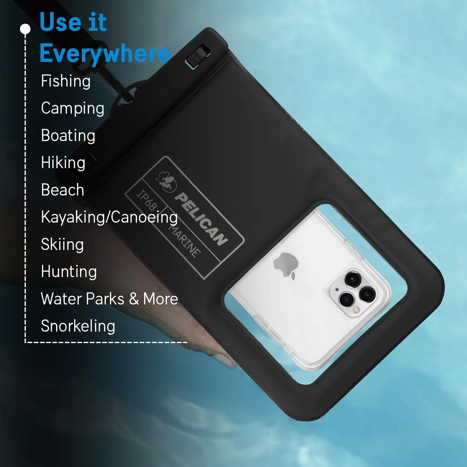 Pelican Marine - IP68 Waterproof Phone Pouch (XL Size) Floating Waterproof Phone Case - Beach Cruise Ship Travel Essentials - Works with All Phones - Detachable Lanyard - Black