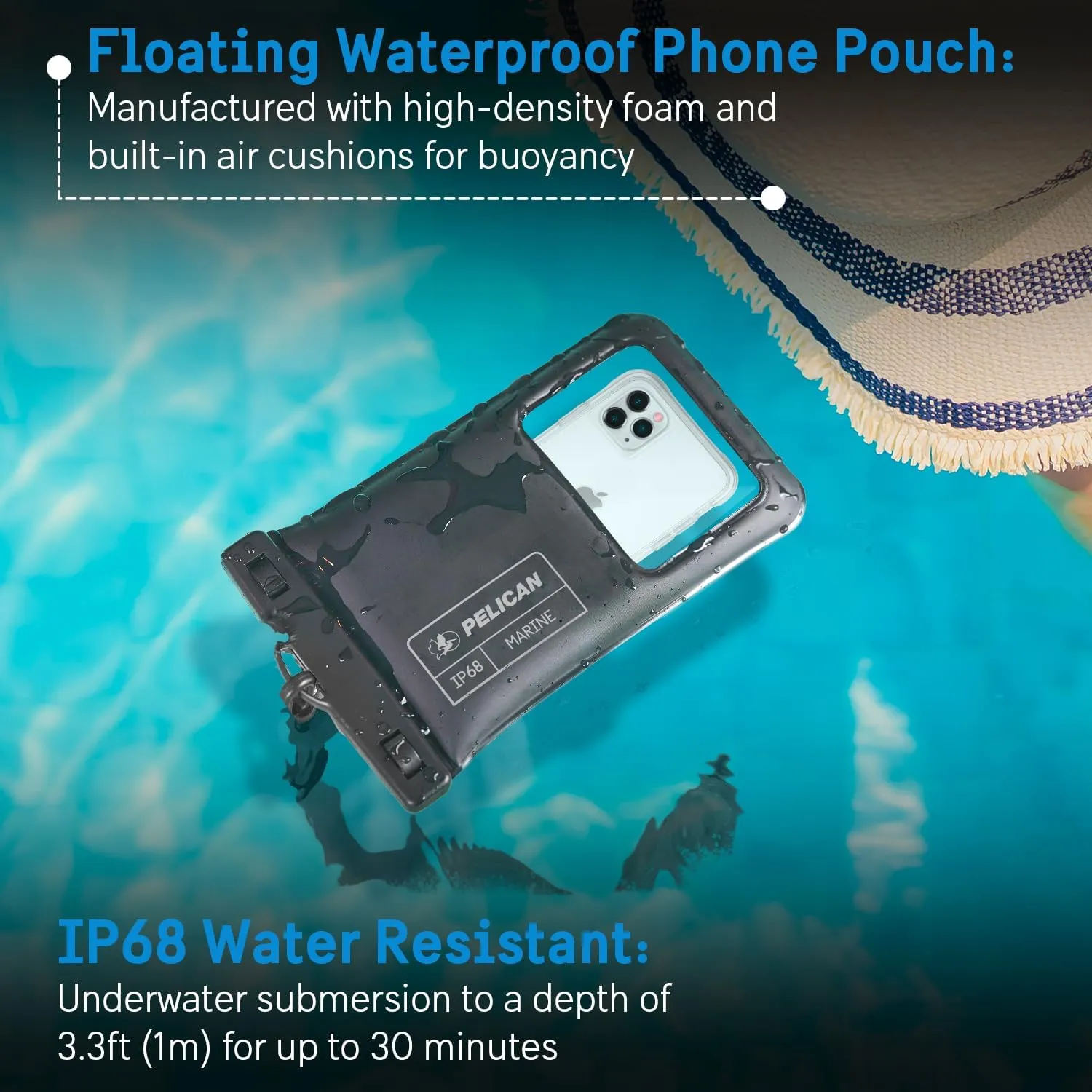 Pelican Marine - IP68 Waterproof Phone Pouch (XL Size) Floating Waterproof Phone Case - Beach Cruise Ship Travel Essentials - Works with All Phones - Detachable Lanyard - Black