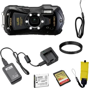 Pentax WG-90 Waterproof Digital Camera (Black) | 2.7" LCD Monitor with 32GB Extreme UHS-I SDHC Memory Card and Waith Camera Strap (Yellow) (Essential Bundle)