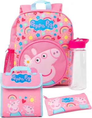 Peppa Pig Girls 4 Piece Backpack Set | Kids Pink Rucksack Bundle with School Bag, Pencil Case, Lunch Bag & Water Bottle
