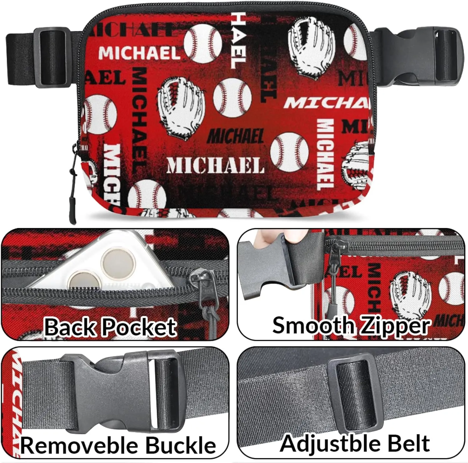 Personalized Baseball Fanny Pack, Custom Name Waist Packs Crossbody Belt Bag with Adjustable Strap for Sports Travel Workout Running Hiking, Black Red