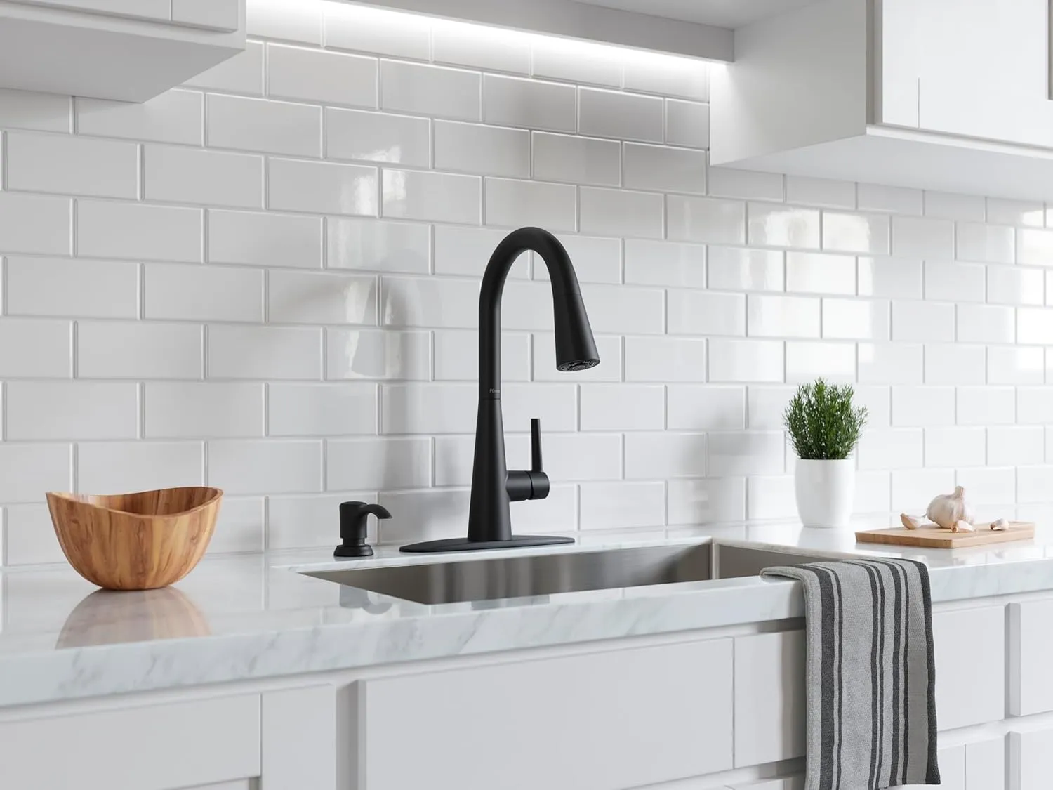 Pfister Barulli Kitchen Faucet with Pull Down Sprayer and Soap Dispenser, Single Handle, High Arc, Matte Black Finish, F5297BARB