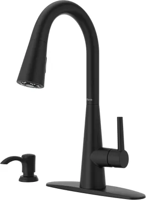 Pfister Barulli Kitchen Faucet with Pull Down Sprayer and Soap Dispenser, Single Handle, High Arc, Matte Black Finish, F5297BARB