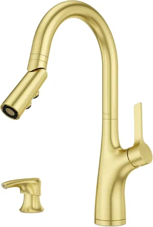 Pfister Ceylon Kitchen Faucet with Pull Down Sprayer and Soap Dispenser, Single Handle, Brushed Gold Finish, F5297CLOBG