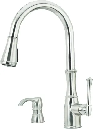 Pfister Wheaton Kitchen Faucet with Pull Down Sprayer and Soap Dispenser, Single Handle, High Arc, Stainless Steel Finish, GT529WH1S