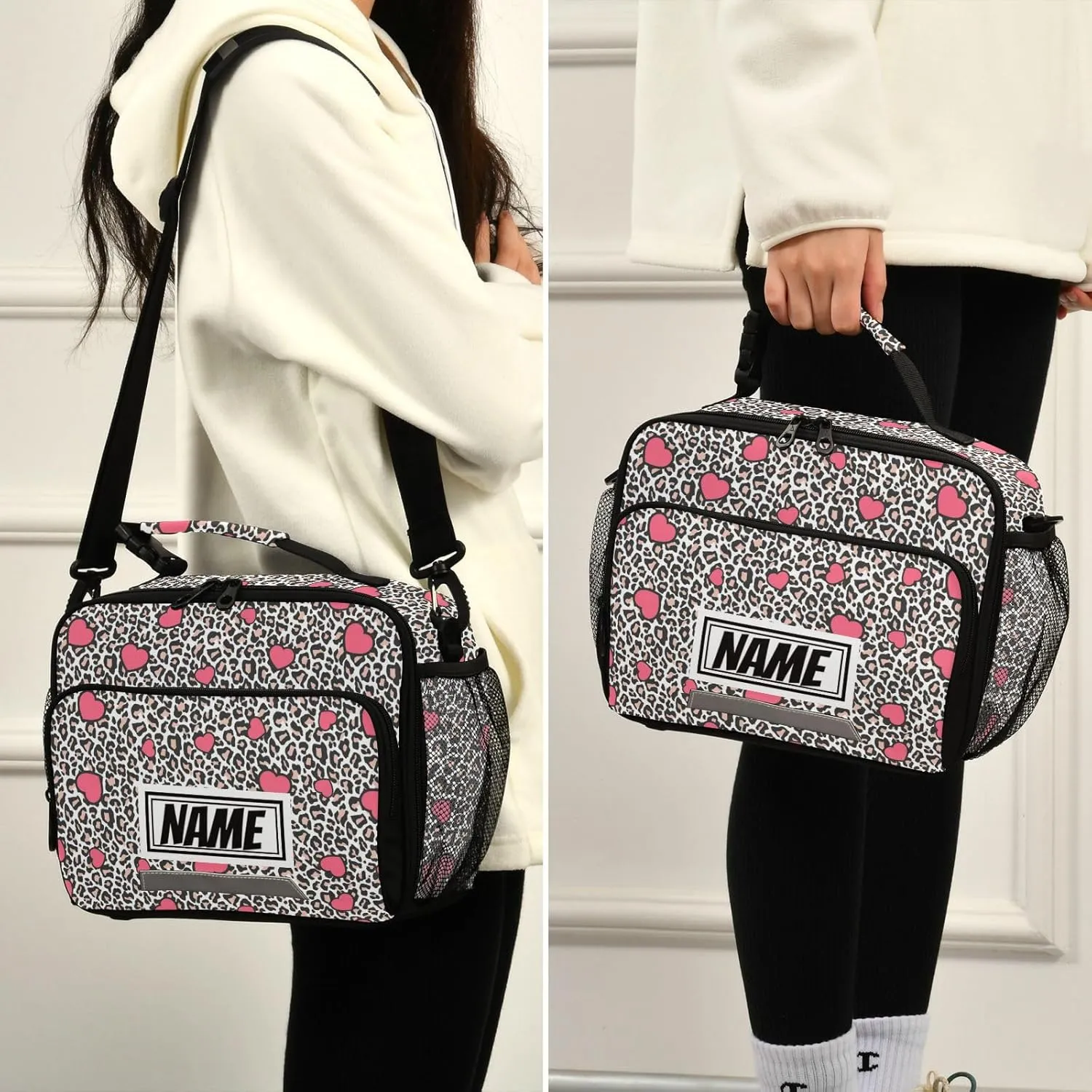 Pfrewn Custom Name Leopard Skin Pink Chaotic Hearts Lunch Box for Kids School Students Personalized Insulated Lunch Bag Tote for Office Adults Reusable Cooler Bags