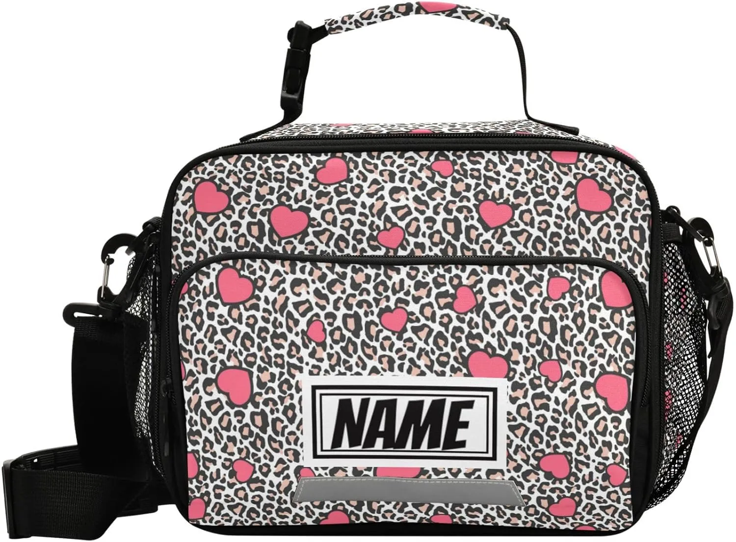 Pfrewn Custom Name Leopard Skin Pink Chaotic Hearts Lunch Box for Kids School Students Personalized Insulated Lunch Bag Tote for Office Adults Reusable Cooler Bags
