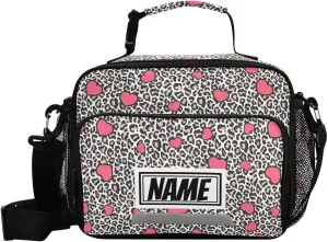 Pfrewn Custom Name Leopard Skin Pink Chaotic Hearts Lunch Box for Kids School Students Personalized Insulated Lunch Bag Tote for Office Adults Reusable Cooler Bags