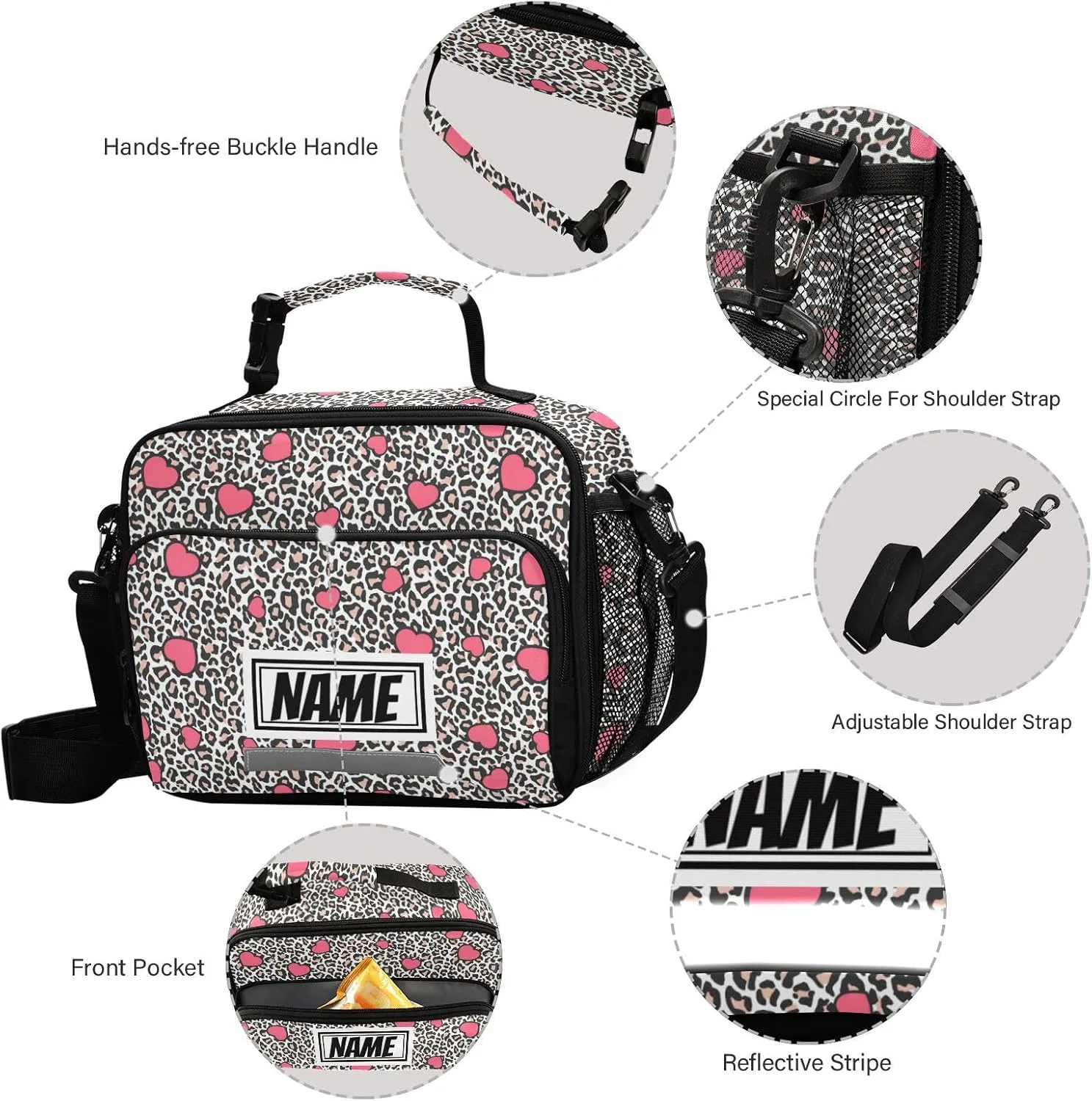 Pfrewn Custom Name Leopard Skin Pink Chaotic Hearts Lunch Box for Kids School Students Personalized Insulated Lunch Bag Tote for Office Adults Reusable Cooler Bags