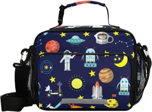 Pfrewn Space Rockets Comet Astronaut Stars Lunch Box Kids School Students Insulated Lunch Bag with Shoulder Strap for Office Adults Reusable Cooler Bags Lunch Tote