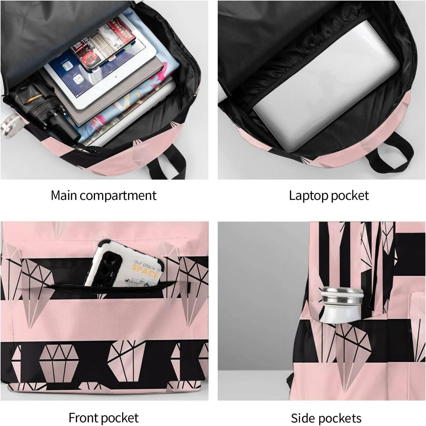 Pink Black Stripe Pink Diamonds Laptop Commuter Backpack Shoulder Bag Casual Back Pack Daypack Bags With Side Pockets For Work Travel Daily Use