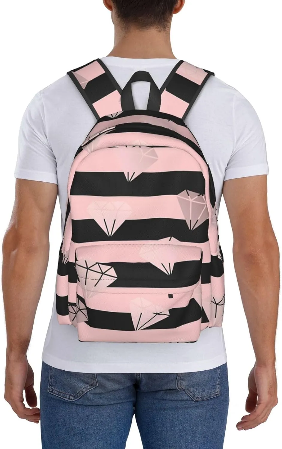 Pink Black Stripe Pink Diamonds Laptop Commuter Backpack Shoulder Bag Casual Back Pack Daypack Bags With Side Pockets For Work Travel Daily Use