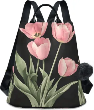 Pink Tulips Flower Backpack for Women Anti Theft Large Fashion Travel Shoulder Bag Purse Rucksack Lightweight