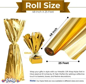 PMU Gift Wrap Mylar Roll Metallic Gold 2-sided, 48 Inches X 25 Ft Roll 1.4 Mil Highly Reflective Mylar Film, Great for Gifts, Birthdays, Christmas, Baskets, Arts & Crafts