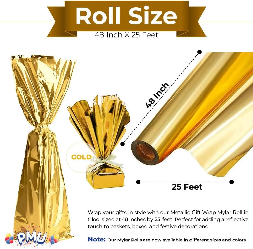 PMU Gift Wrap Mylar Roll Metallic Gold 2-sided, 48 Inches X 25 Ft Roll 1.4 Mil Highly Reflective Mylar Film, Great for Gifts, Birthdays, Christmas, Baskets, Arts & Crafts