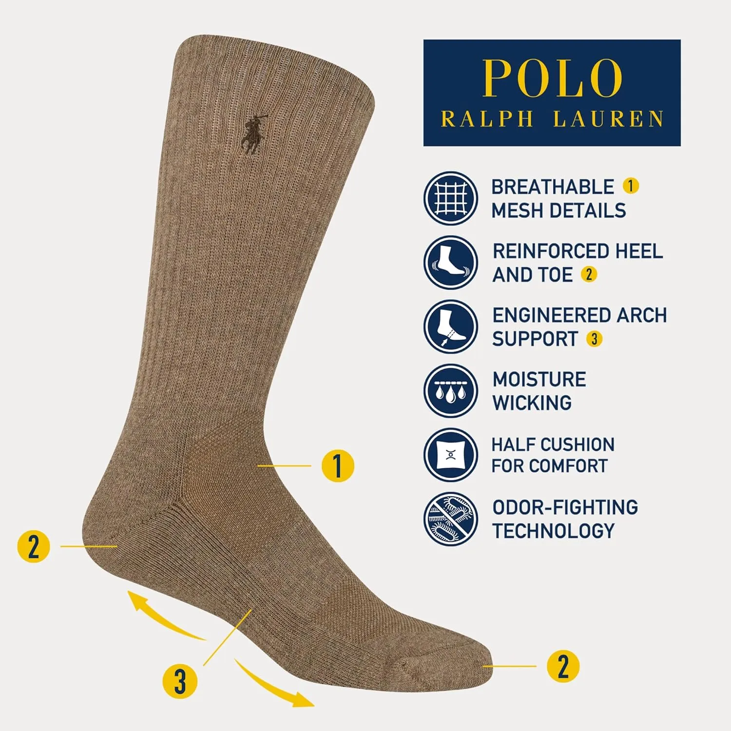 POLO RALPH LAUREN Men's Athletic Performance Cotton Crew Socks - 6 Pair Pack - Moisture Wicking Mesh