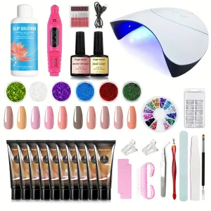 Poly Nail Gel Kit with Nail Lamp,15ml Poly Nail Extension Gel,10Colors Nail Extension Gel Kit With Drill& Slip Solution&Tools,Poly Nails Gel Kit Full Set for Beginner DIY Nail Art