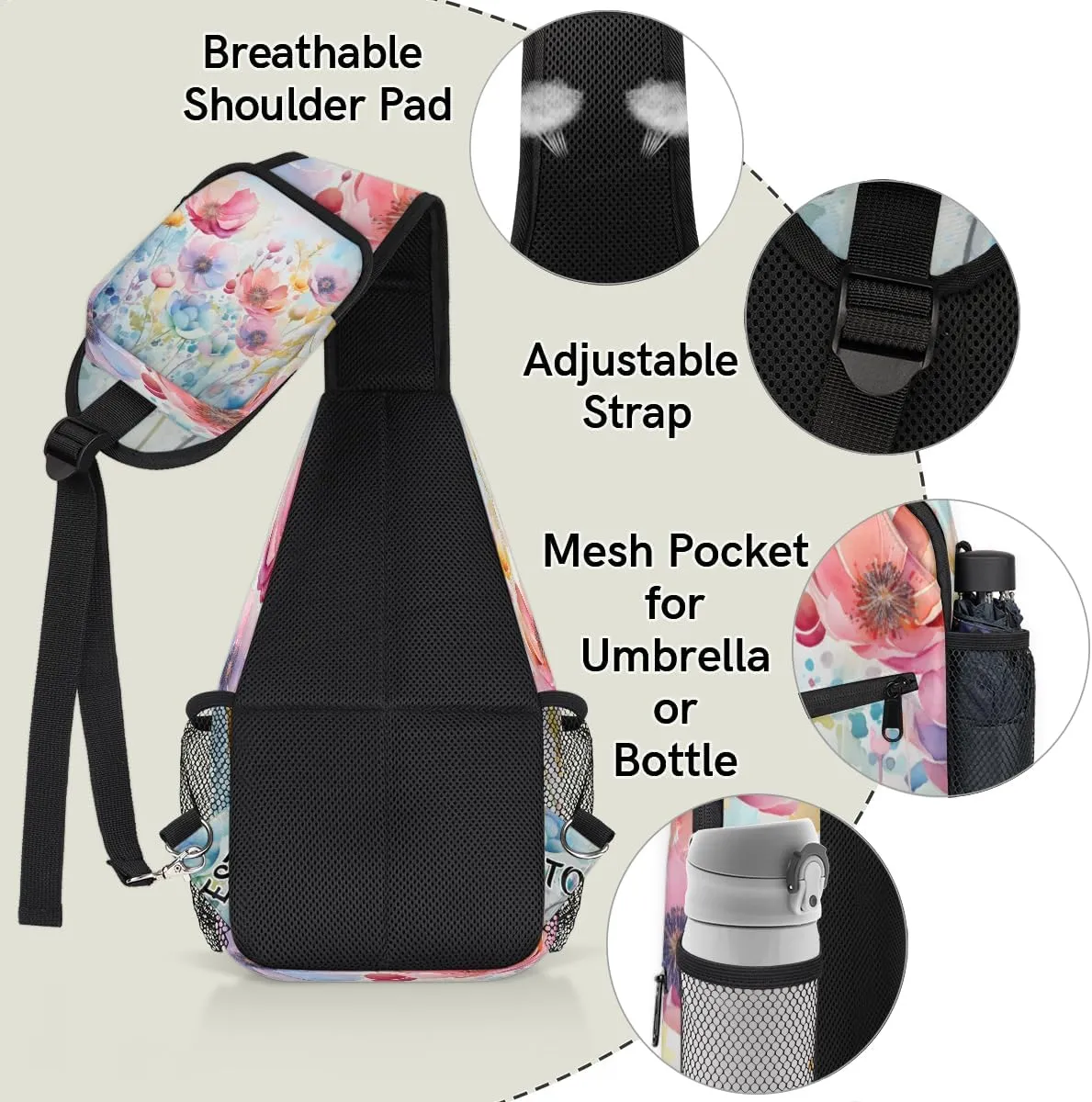 Poppy Spring Summer Custom Sling Bag with name, Personalized Crossbody Sling Backpack for Women Men Outdoor Sports Chest Bag