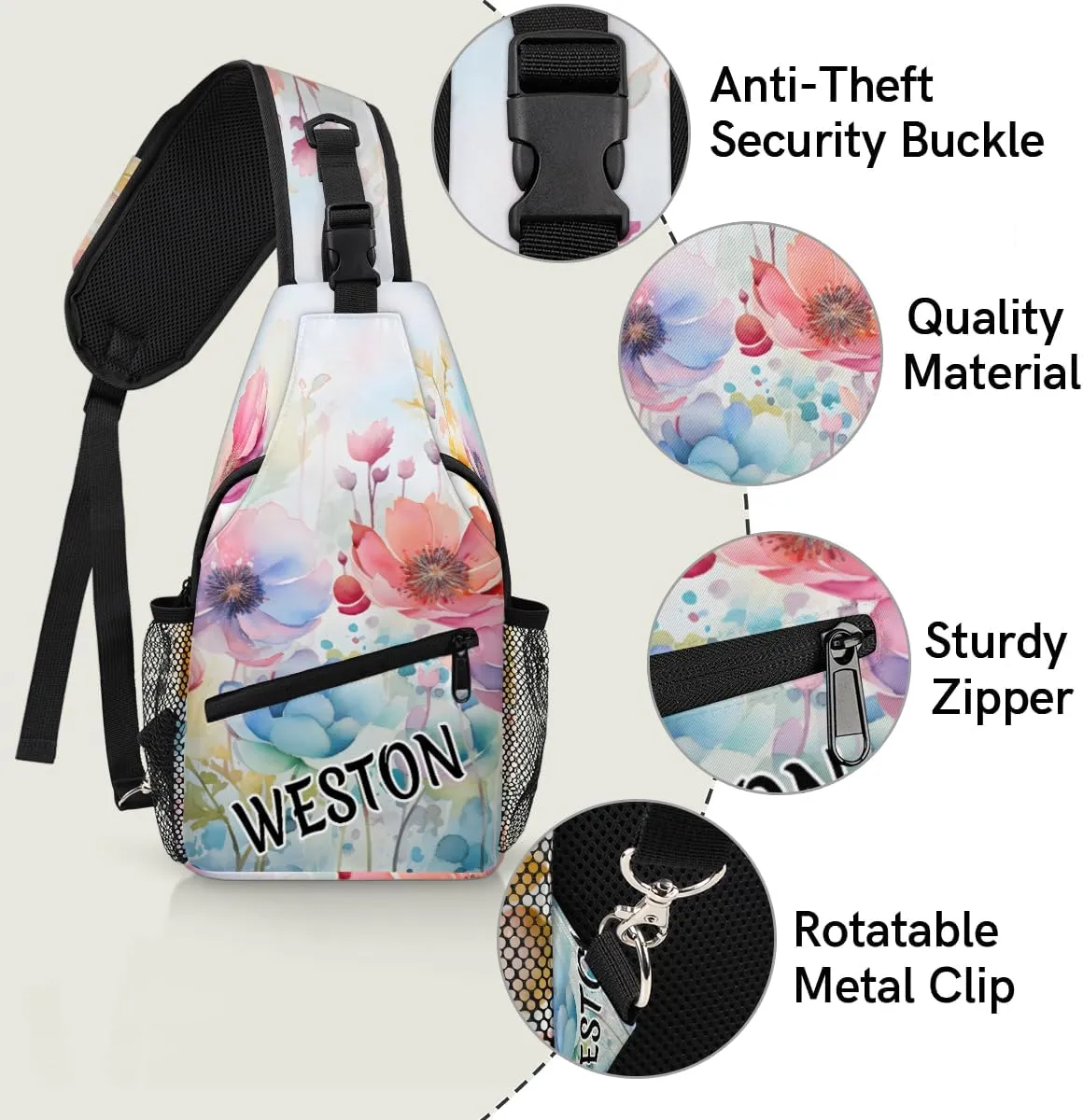 Poppy Spring Summer Custom Sling Bag with name, Personalized Crossbody Sling Backpack for Women Men Outdoor Sports Chest Bag
