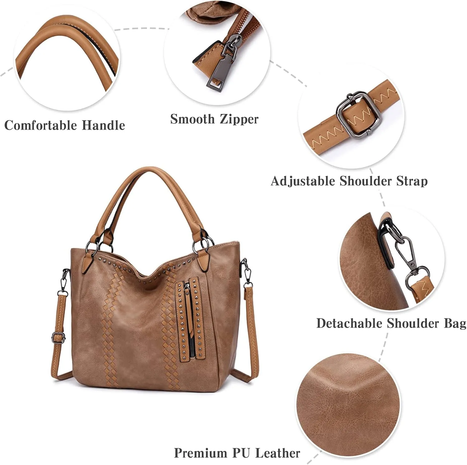 PORRASSO Fashion Tote Bag Women Handbag Shoulder Bag Ladies Crossbody Bag Large Top-handle Bag PU Leather Messenger Bag Travel Work Dating Satchel Brown
