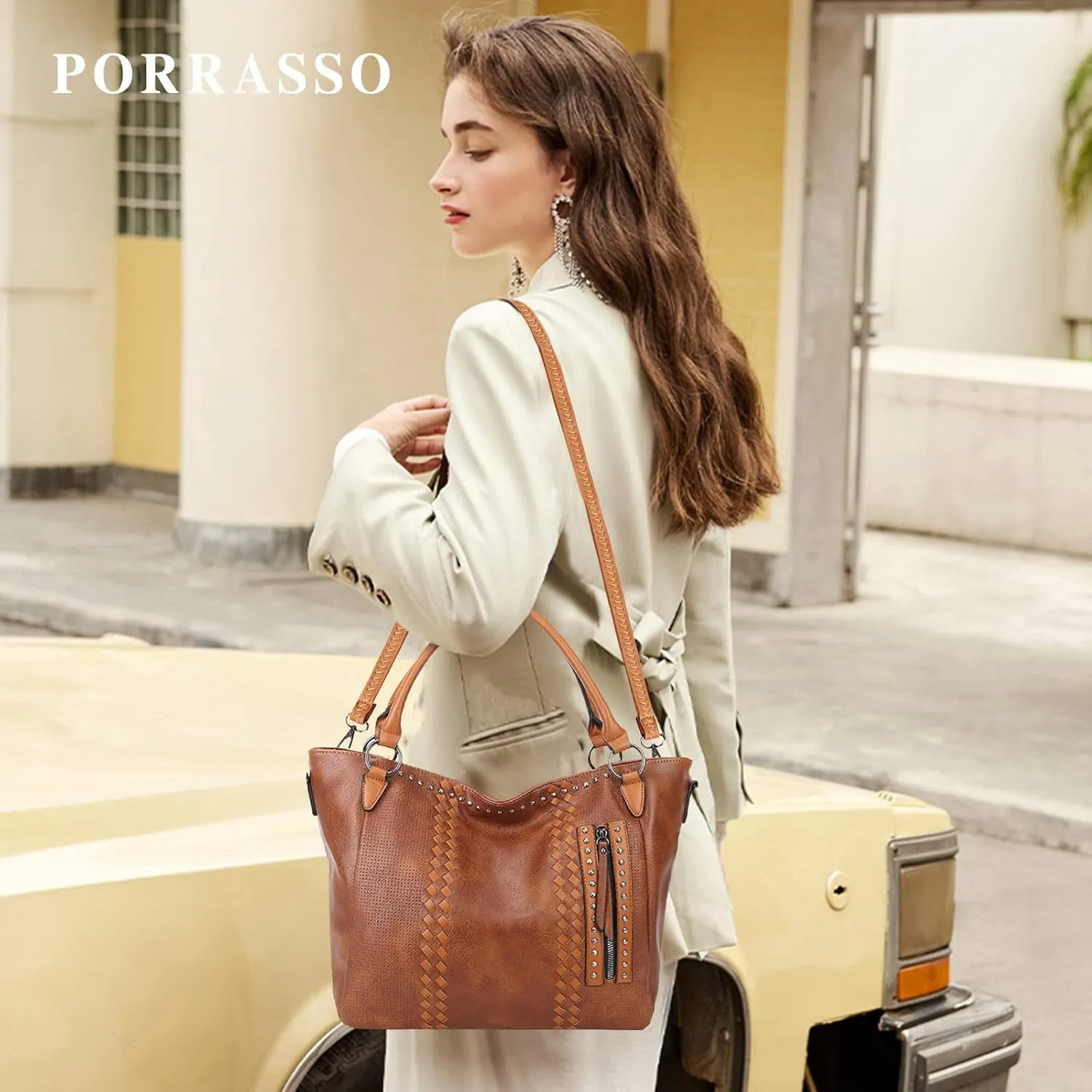PORRASSO Fashion Tote Bag Women Handbag Shoulder Bag Ladies Crossbody Bag Large Top-handle Bag PU Leather Messenger Bag Travel Work Dating Satchel Brown