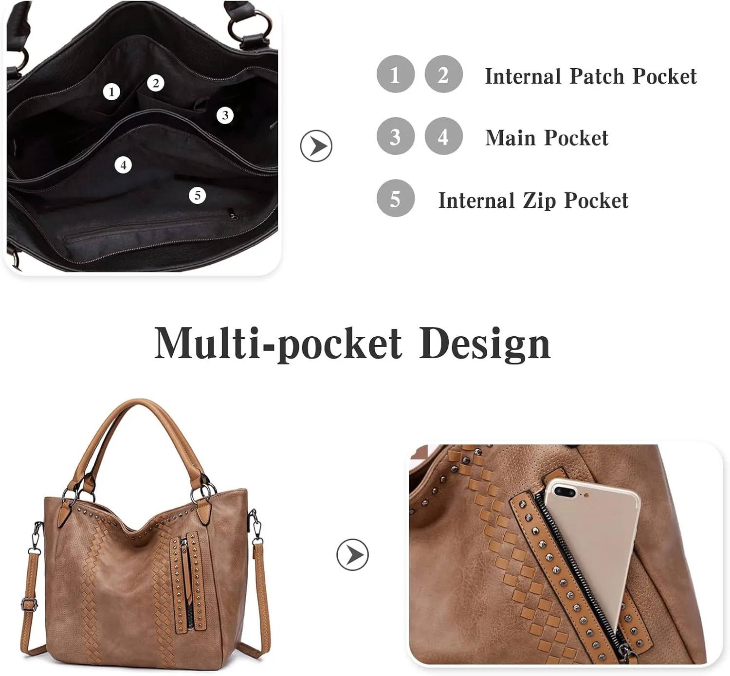 PORRASSO Fashion Tote Bag Women Handbag Shoulder Bag Ladies Crossbody Bag Large Top-handle Bag PU Leather Messenger Bag Travel Work Dating Satchel Brown