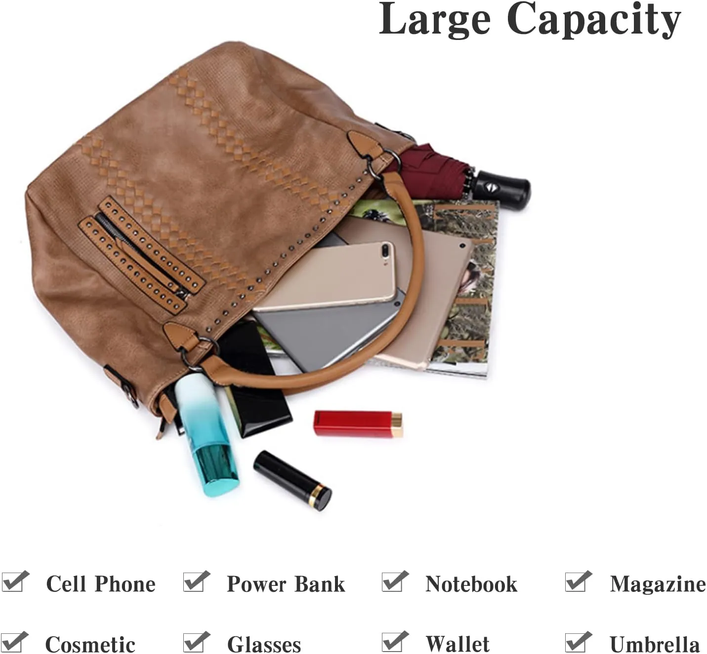 PORRASSO Fashion Tote Bag Women Handbag Shoulder Bag Ladies Crossbody Bag Large Top-handle Bag PU Leather Messenger Bag Travel Work Dating Satchel Brown