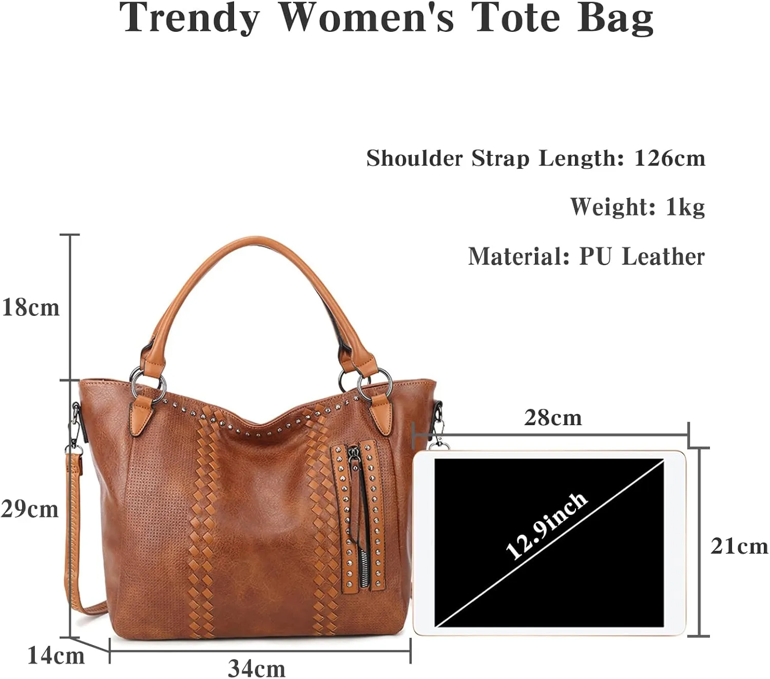 PORRASSO Fashion Tote Bag Women Handbag Shoulder Bag Ladies Crossbody Bag Large Top-handle Bag PU Leather Messenger Bag Travel Work Dating Satchel Brown