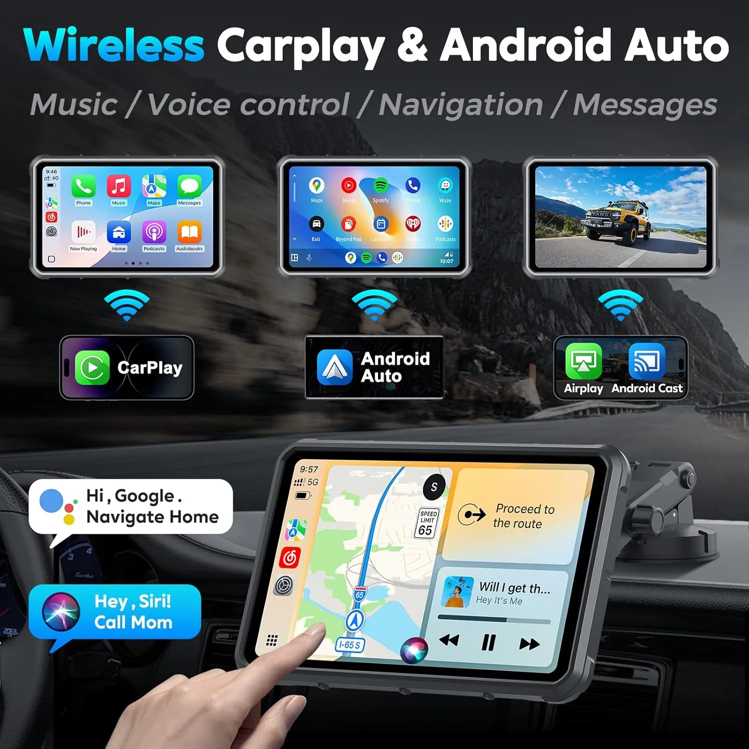 Portable Apple Carplay Screen for Car, 8" Wireless Android Auto Screen with 4K Dash Cam & 1080P Backup Camera, Secure Strong Bracket, Navigation, Bluetooth, Mirror Link, Fits All Vehicles