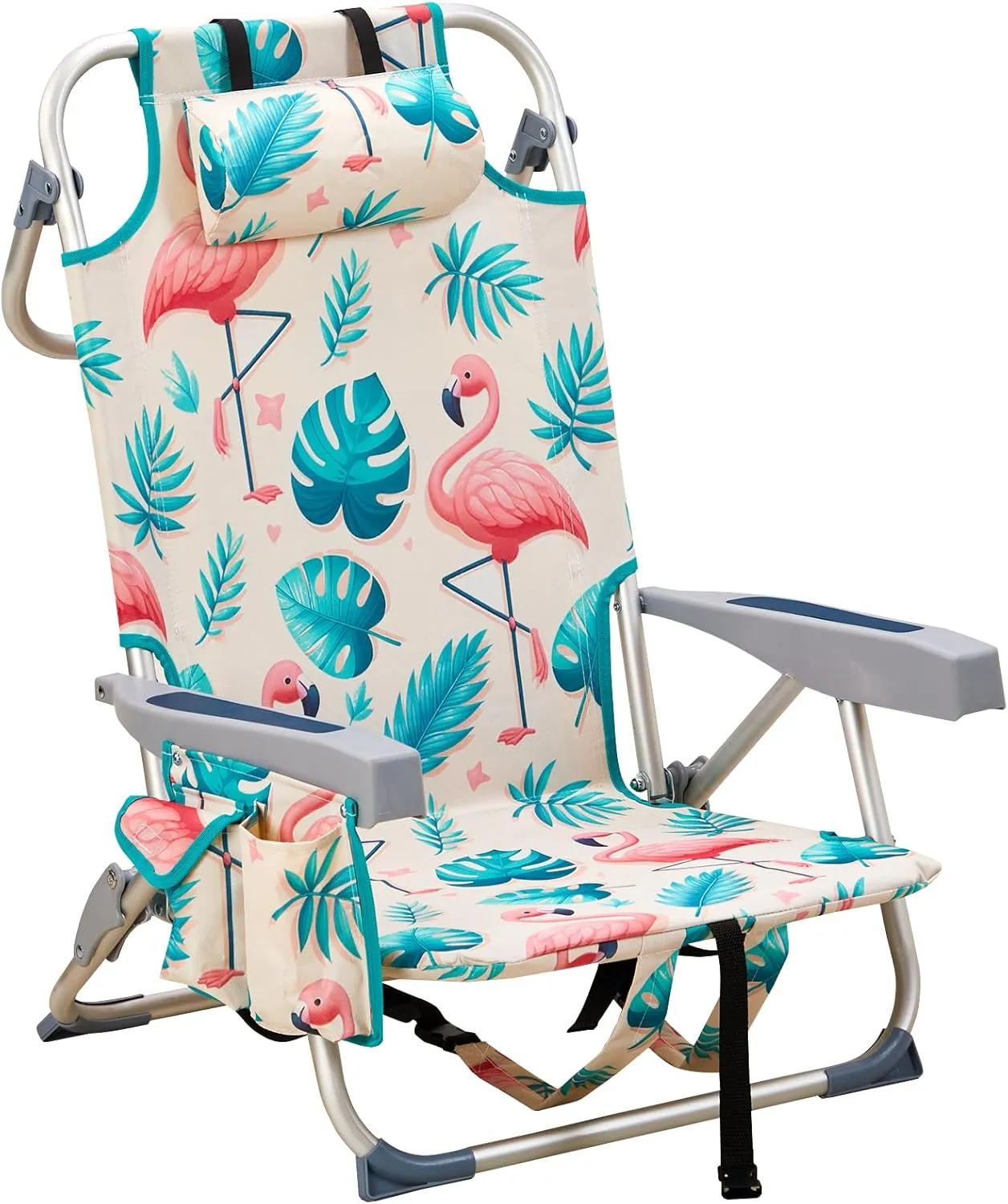 Portable Folding Beach Chair Oxford Cloth Aluminum Tube Back Adjustable Low Profile Camping Chair for Outdoor Adventures Picnic, Beach Trips,Fishing,Garden (Flamingo)