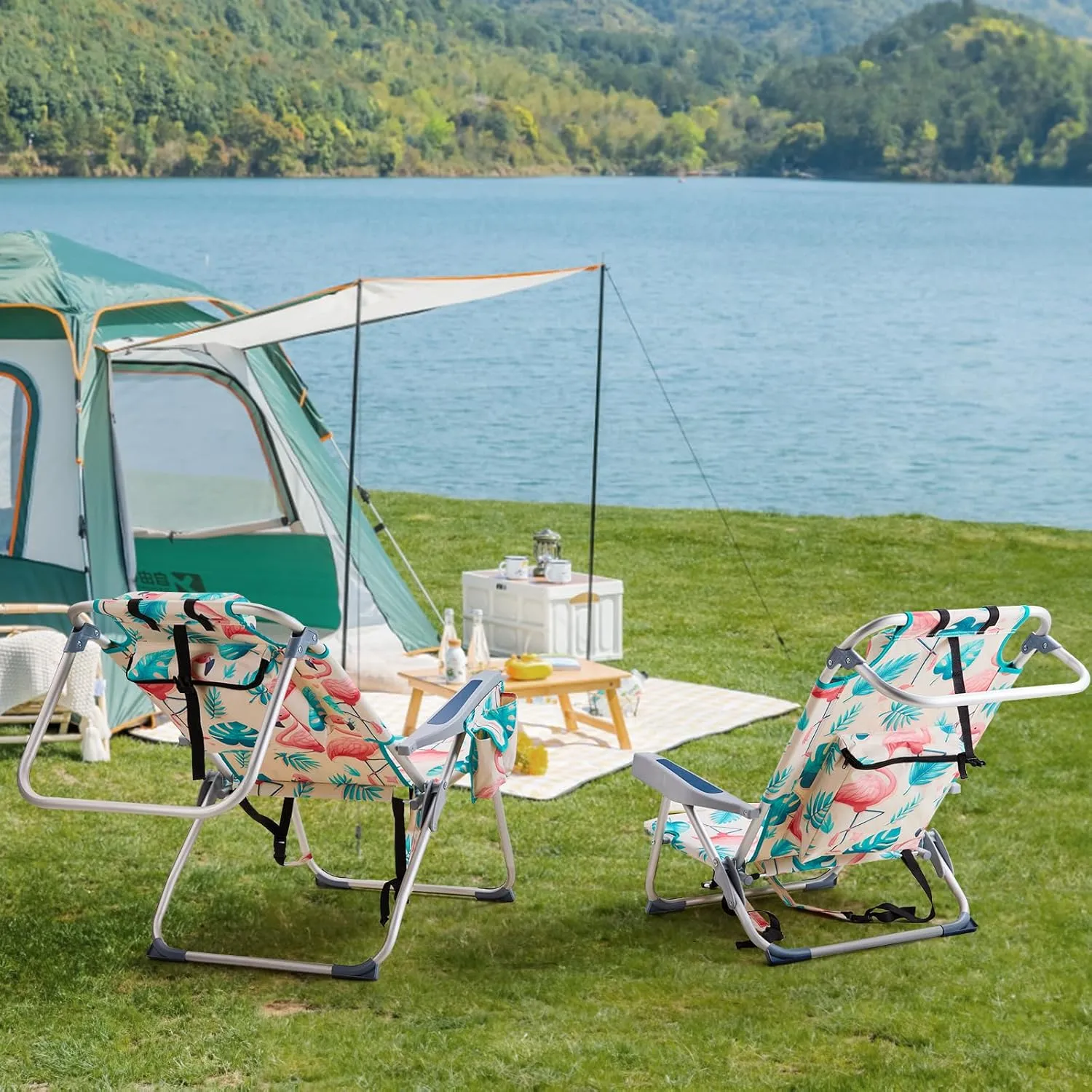 Portable Folding Beach Chair Oxford Cloth Aluminum Tube Back Adjustable Low Profile Camping Chair for Outdoor Adventures Picnic, Beach Trips,Fishing,Garden (Flamingo)