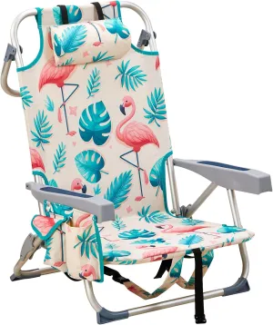 Portable Folding Beach Chair Oxford Cloth Aluminum Tube Back Adjustable Low Profile Camping Chair for Outdoor Adventures Picnic, Beach Trips,Fishing,Garden (Flamingo)