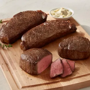 Premium Kansas City Sampler with Super Trimmed Filet Mignon Steak and Hearty Kansas City Strip Steak - Hearty Flavor and Cooking Instructions from Kansas City Steak Company.