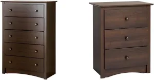 Prepac Sonoma Traditional Tall Nightstand and 5-Drawer Chest, Espresso Finish