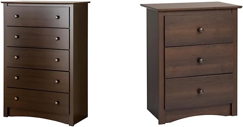 Prepac Sonoma Traditional Tall Nightstand and 5-Drawer Chest, Espresso Finish