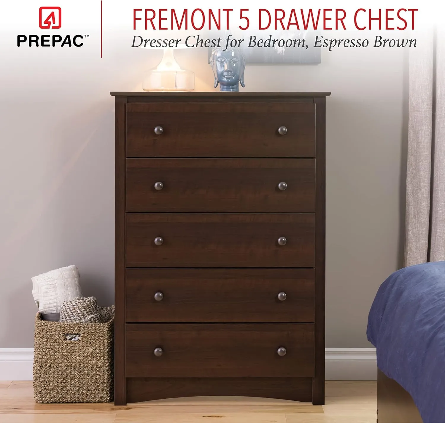 Prepac Sonoma Traditional Tall Nightstand and 5-Drawer Chest, Espresso Finish