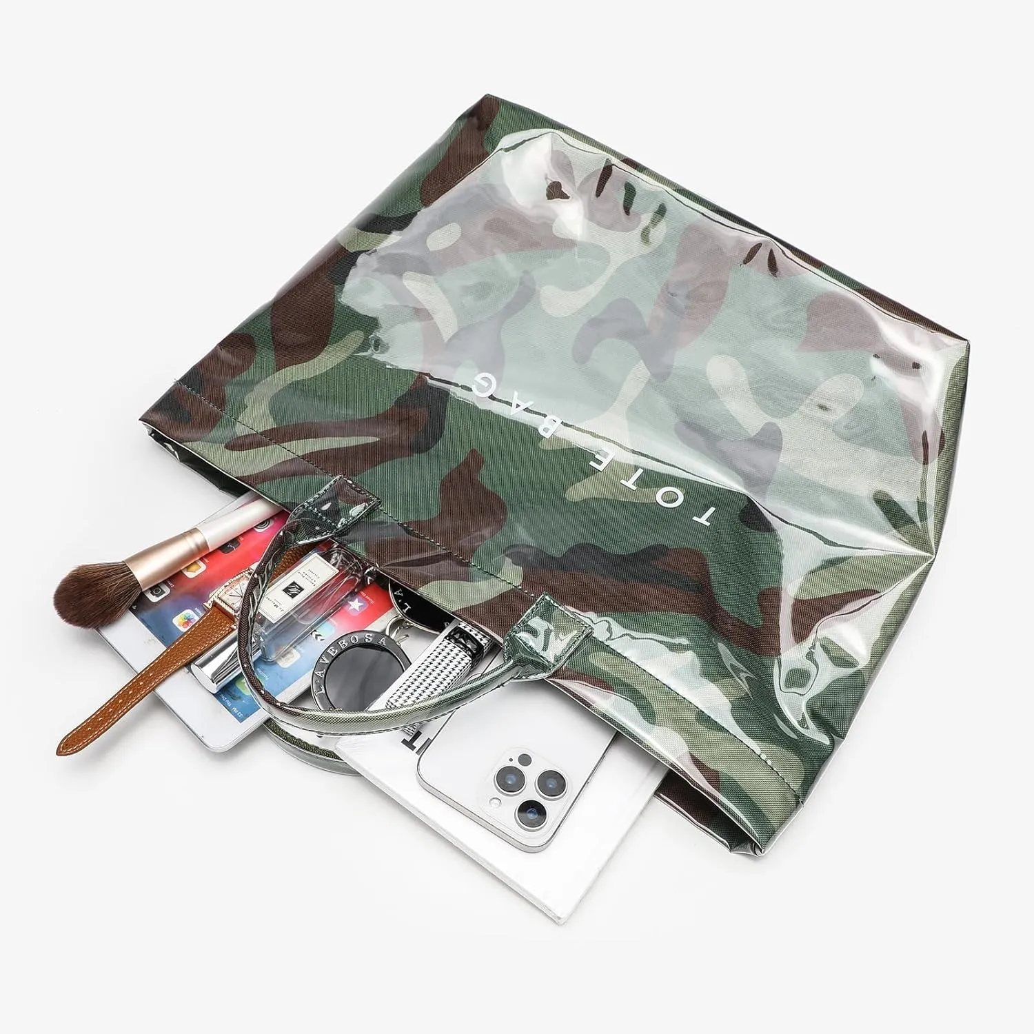 PVC Clear Tote Bag for Women, Large Plastic Tote Beach Bag, Kraft Paper Hobo Handbag Purse with Top Handle