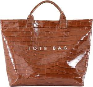 PVC Surface Women Tote Bag, PU Leather Tote Purses for Ladies, Top Handle Letter Printed Hobo Bags for Work Office Daily Trip (BROWN)