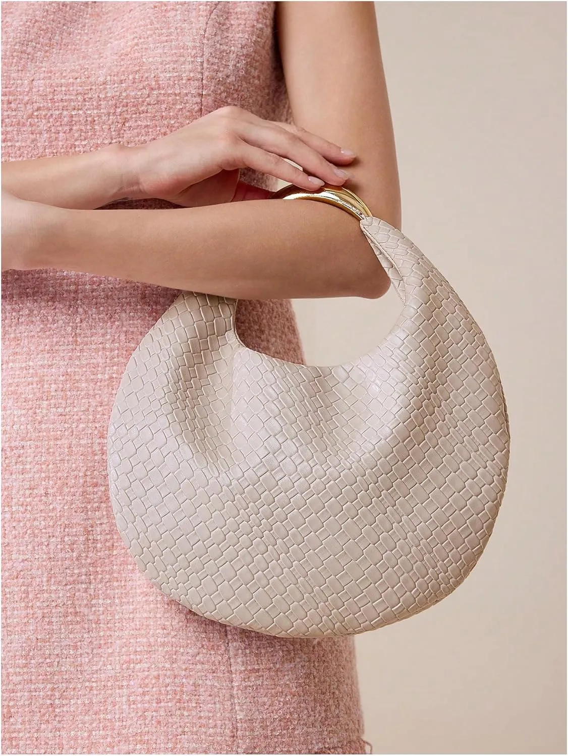 QWINEE Women's Woven Handbag Elegant Clutch Purse Metal Top Handle Cresent Evening Bag Retro PU Leather Clutch Purse
