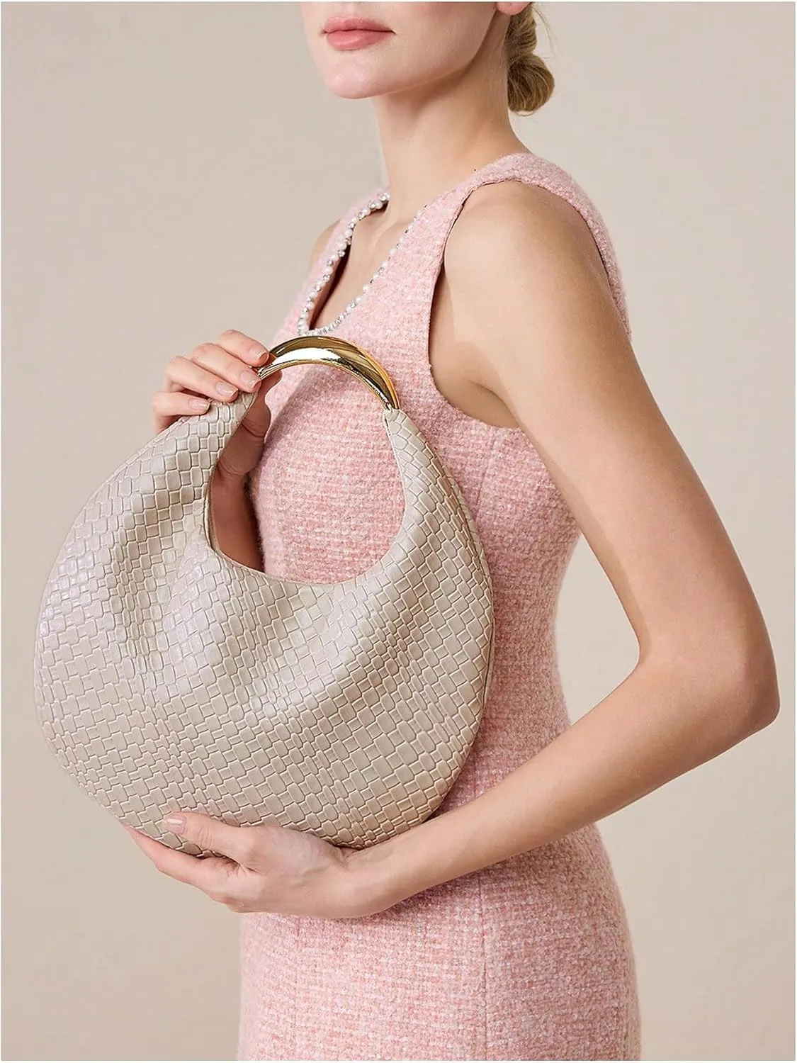 QWINEE Women's Woven Handbag Elegant Clutch Purse Metal Top Handle Cresent Evening Bag Retro PU Leather Clutch Purse